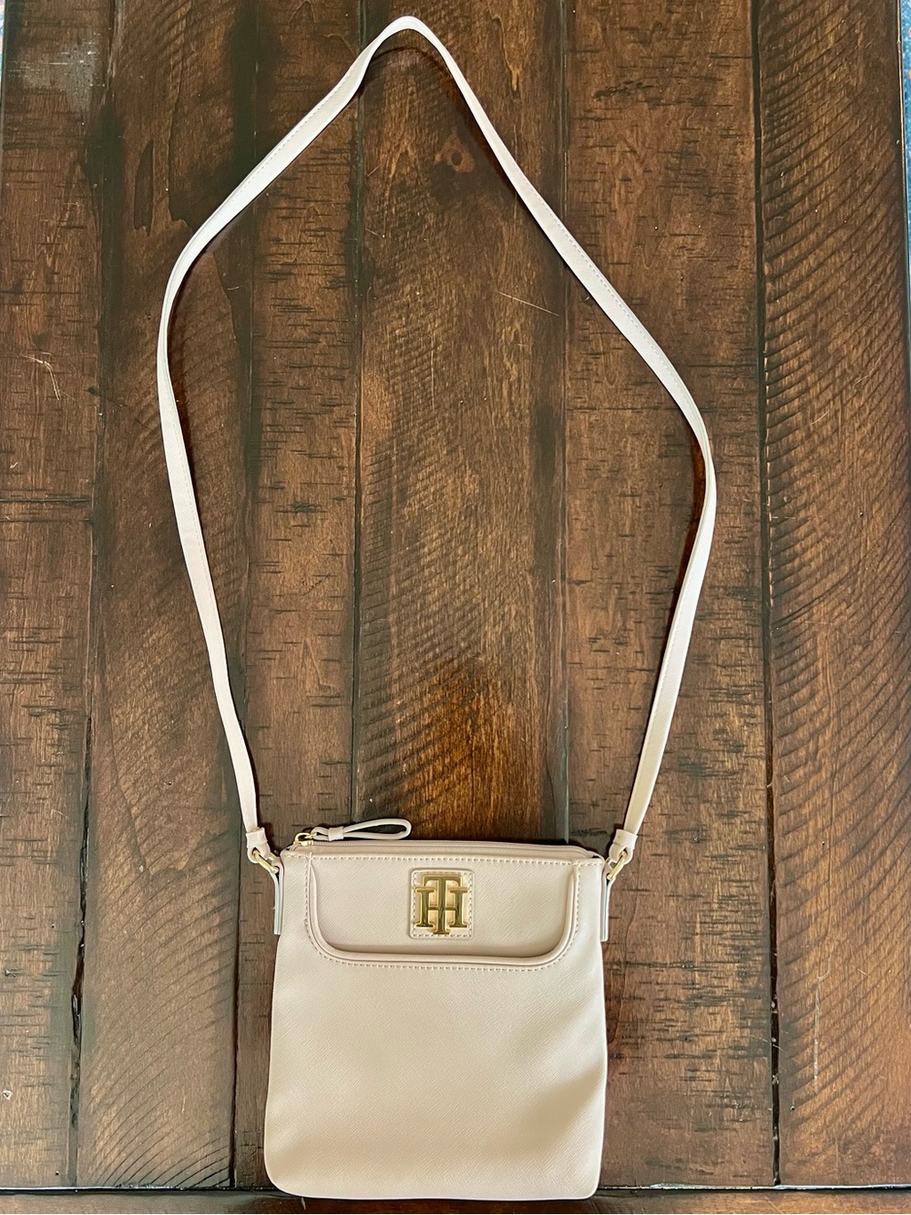 Tommy Hilfiger Light Beige Crossbody Bag Gold Logo North South Saffiano PVC